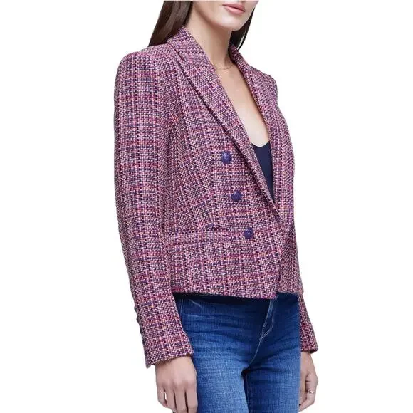L’AGENCE Brook Tweed Double Breasted Cropped Blazer Purple Pink Size 10 - Picture 8 of 15